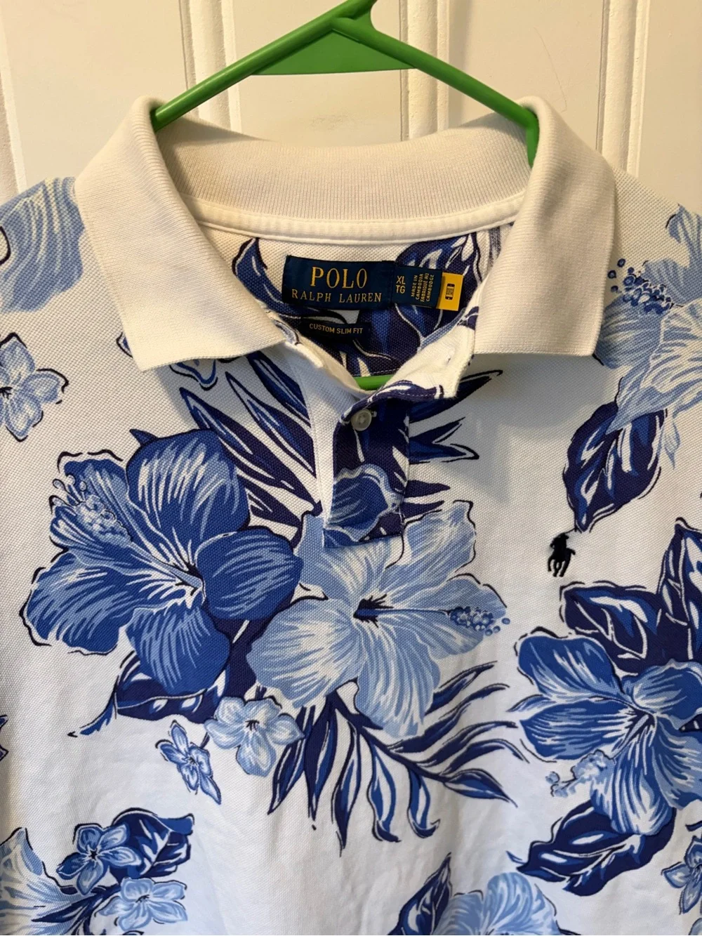 Polo Ralph Lauren Custom Slim Fit Floral Polo Shirt Men's XL Blue White Hibiscus